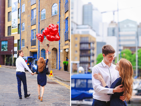 engagement pre wedding couple love story photo shoot london tower bridge st katharine docks red heart balloons (14)