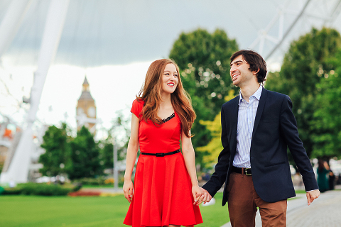 couples engagement pre wedding London photo shoot love story Big Ben Westminster red dress romantic (1)