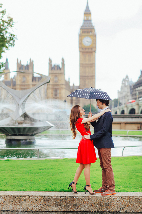 couples engagement pre wedding London photo shoot love story Big Ben Westminster red dress romantic (2)