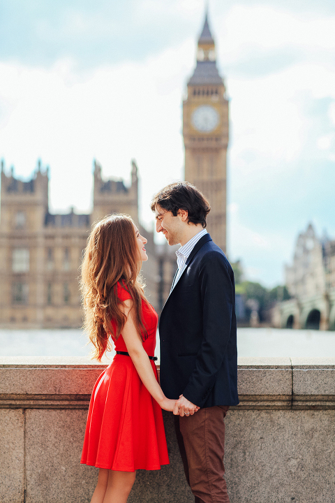 couples engagement pre wedding London photo shoot love story Big Ben Westminster red dress romantic (5)