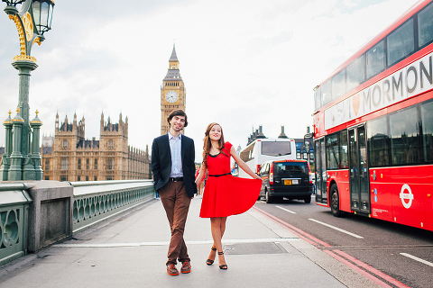 couples engagement pre wedding London photo shoot love story Big Ben Westminster red dress romantic (8)