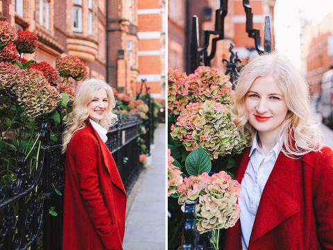 Autumn fall fashion portrait photo shoot Kensington Kynance mews London red coat skirt blond (1)