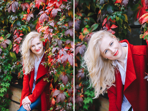 Autumn fall fashion portrait photo shoot Kensington Kynance mews London red coat skirt blond (10)