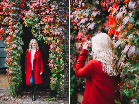 Autumn fall fashion portrait photo shoot Kensington Kynance mews London red coat skirt blond (11)