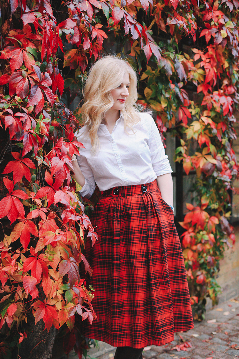 Autumn fall fashion portrait photo shoot Kensington Kynance mews London red coat skirt blond (12)