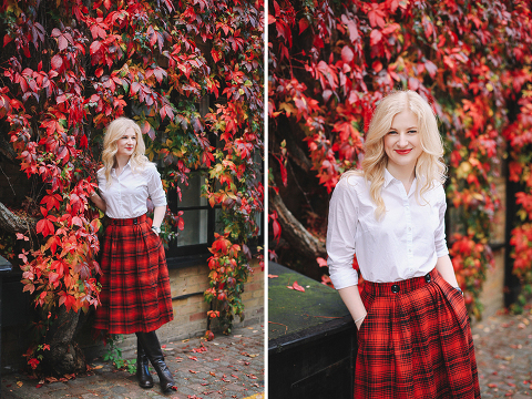 Autumn fall fashion portrait photo shoot Kensington Kynance mews London red coat skirt blond (13)
