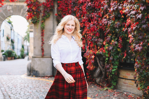 Autumn fall fashion portrait photo shoot Kensington Kynance mews London red coat skirt blond (14)