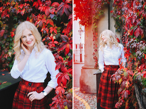 Autumn fall fashion portrait photo shoot Kensington Kynance mews London red coat skirt blond (15)