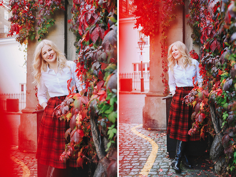 Autumn fall fashion portrait photo shoot Kensington Kynance mews London red coat skirt blond (16)