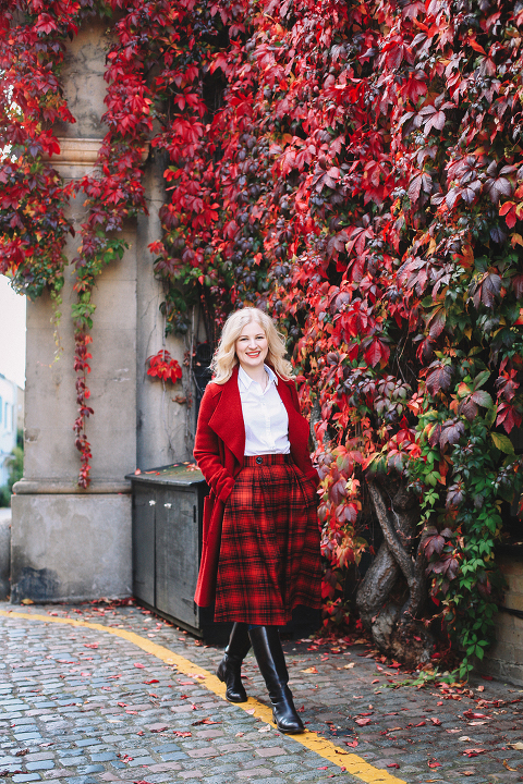 Autumn fall fashion portrait photo shoot Kensington Kynance mews London red coat skirt blond (17)