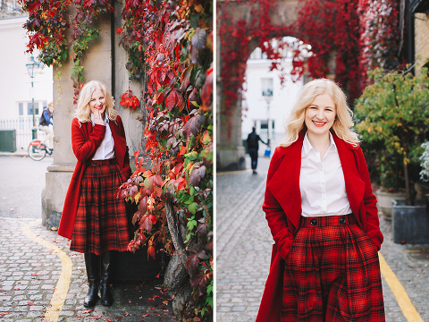 Autumn fall fashion portrait photo shoot Kensington Kynance mews London red coat skirt blond (18)