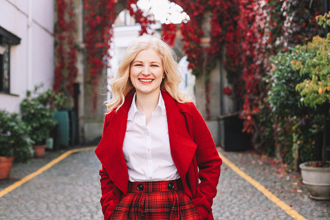 Autumn fall fashion portrait photo shoot Kensington Kynance mews London red coat skirt blond (19)