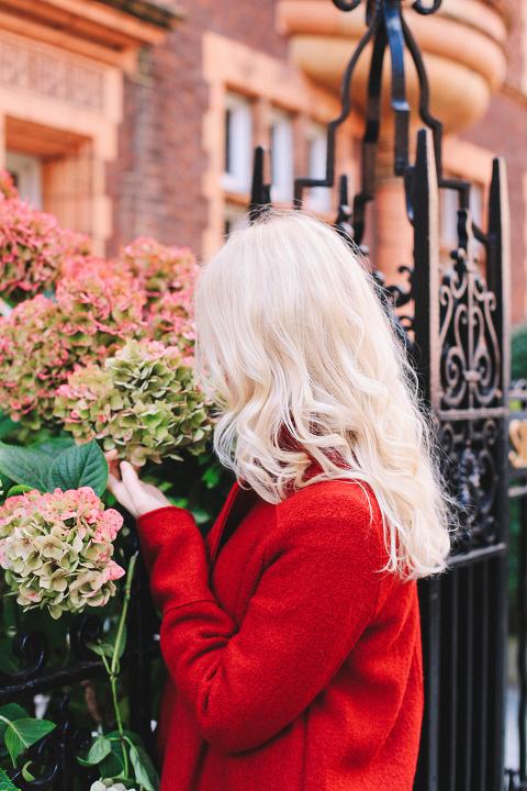 Autumn fall fashion portrait photo shoot Kensington Kynance mews London red coat skirt blond (2)