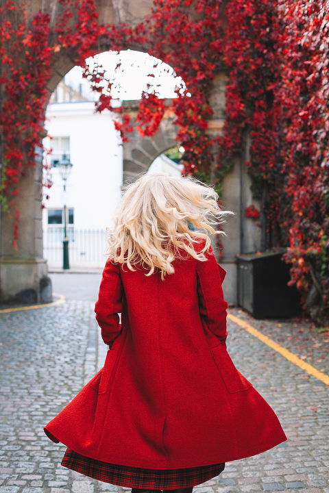 Autumn fall fashion portrait photo shoot Kensington Kynance mews London red coat skirt blond (22)