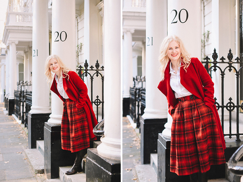 Autumn fall fashion portrait photo shoot Kensington Kynance mews London red coat skirt blond (23)
