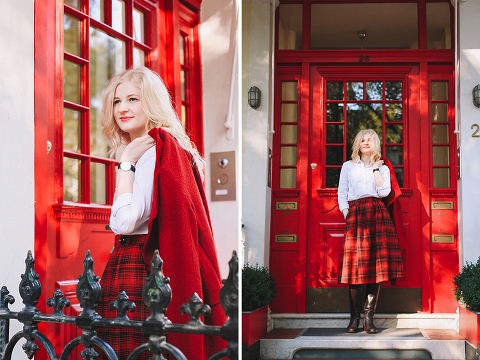 Autumn fall fashion portrait photo shoot Kensington Kynance mews London red coat skirt blond (25)