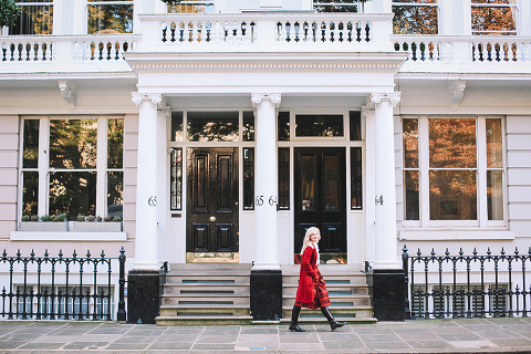 Autumn fall fashion portrait photo shoot Kensington Kynance mews London red coat skirt blond (26)