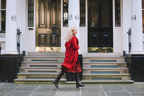 Autumn fall fashion portrait photo shoot Kensington Kynance mews London red coat skirt blond (27)