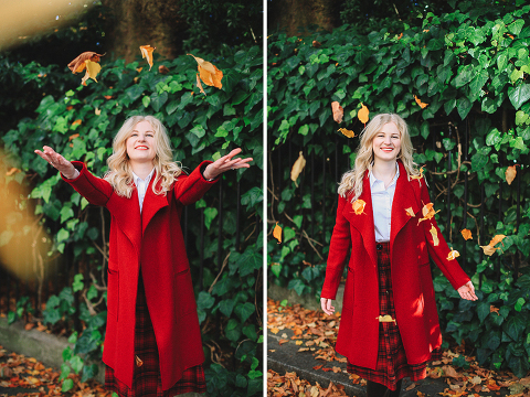 Autumn fall fashion portrait photo shoot Kensington Kynance mews London red coat skirt blond (29)