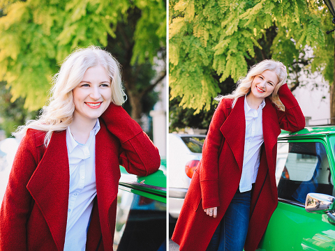 Autumn fall fashion portrait photo shoot Kensington Kynance mews London red coat skirt blond (4)