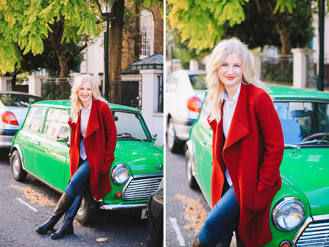 Autumn fall fashion portrait photo shoot Kensington Kynance mews London red coat skirt blond (5)