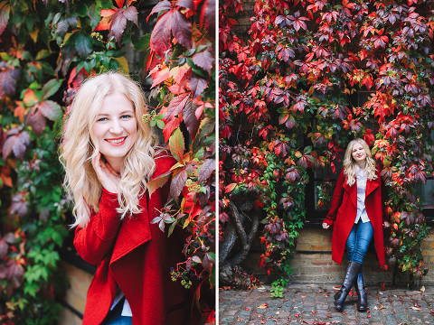Autumn fall fashion portrait photo shoot Kensington Kynance mews London red coat skirt blond (8)