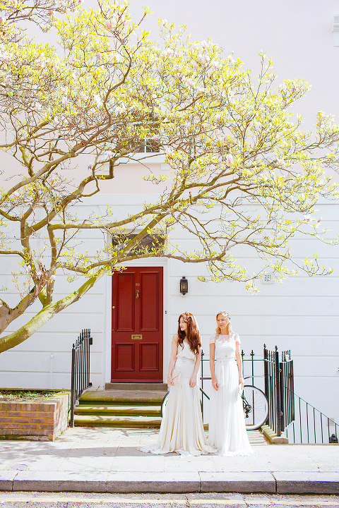 belle and bunty spring bridal fashion london wedding dress vintage outdoor photo shoot cherry blossom bride dune shoes editorial