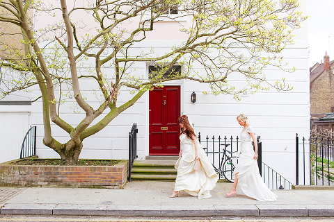 belle and bunty spring bridal fashion london wedding dress vintage outdoor photo shoot cherry blossom bride dune shoes editorial (2)