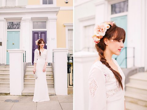 belle and bunty spring bridal fashion london wedding dress vintage outdoor photo shoot cherry blossom bride dune shoes editorial (20)