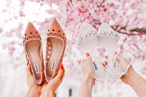 belle and bunty spring bridal fashion london wedding dress vintage outdoor photo shoot cherry blossom bride dune shoes editorial (30)