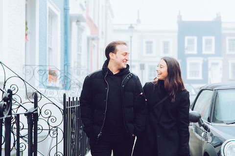 winter christmas couples engagement photo shoot London notting hill fog