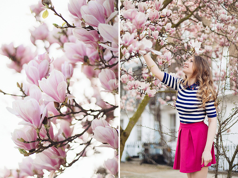 London portrait lifestyle fashion spring pink magnolia blooming photo shoot cute tulips long hair pretty girl (1)