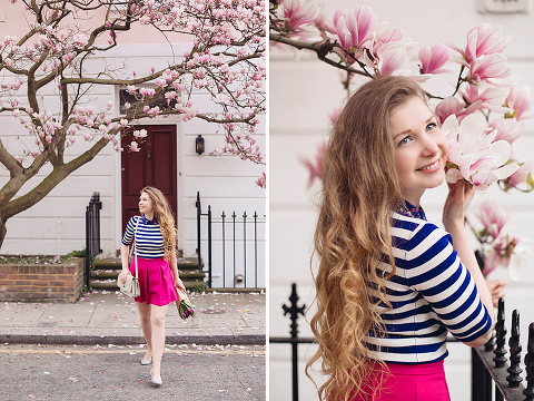 London portrait lifestyle fashion spring pink magnolia blooming photo shoot cute tulips long hair pretty girl (13)