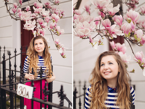 London portrait lifestyle fashion spring pink magnolia blooming photo shoot cute tulips long hair pretty girl (14)