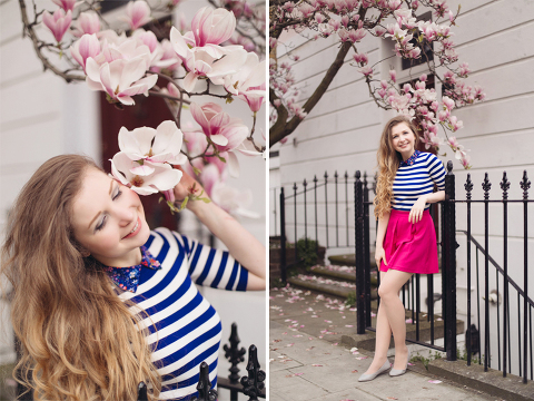 London portrait lifestyle fashion spring pink magnolia blooming photo shoot cute tulips long hair pretty girl (16)