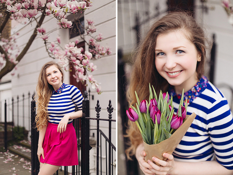 London portrait lifestyle fashion spring pink magnolia blooming photo shoot cute tulips long hair pretty girl (17)