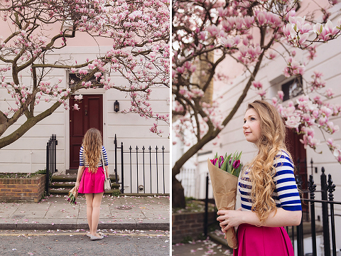 London portrait lifestyle fashion spring pink magnolia blooming photo shoot cute tulips long hair pretty girl (18)