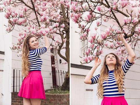 London portrait lifestyle fashion spring pink magnolia blooming photo shoot cute tulips long hair pretty girl (20)