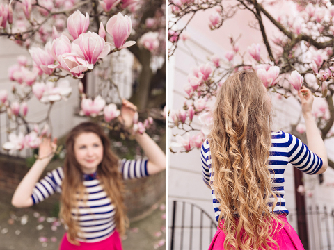 London portrait lifestyle fashion spring pink magnolia blooming photo shoot cute tulips long hair pretty girl (22)