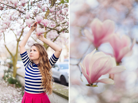 London portrait lifestyle fashion spring pink magnolia blooming photo shoot cute tulips long hair pretty girl (4)