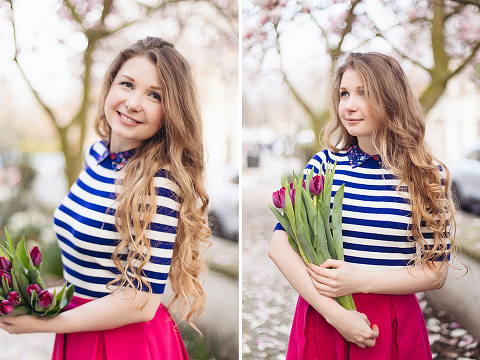 London portrait lifestyle fashion spring pink magnolia blooming photo shoot cute tulips long hair pretty girl (5)