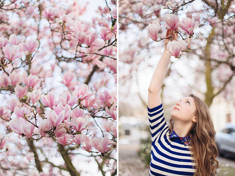 London portrait lifestyle fashion spring pink magnolia blooming photo shoot cute tulips long hair pretty girl (6)