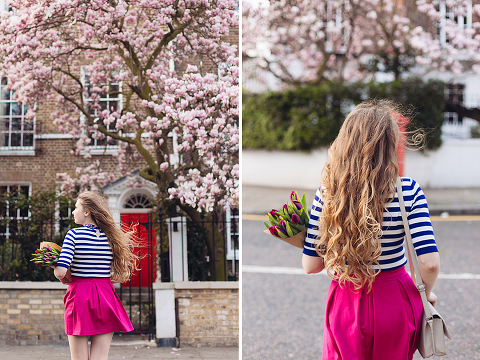 London portrait lifestyle fashion spring pink magnolia blooming photo shoot cute tulips long hair pretty girl (8)