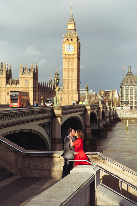 couple love story anniversary photo shoot London Westminster Bridge Red telephone box Big Ben
