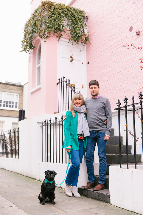 couples engagement pre wedding photo shoot london notting hill pet black pug