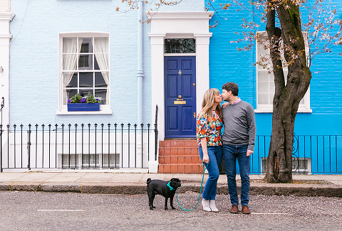 couples engagement pre wedding photo shoot london notting hill pet black pug (17)